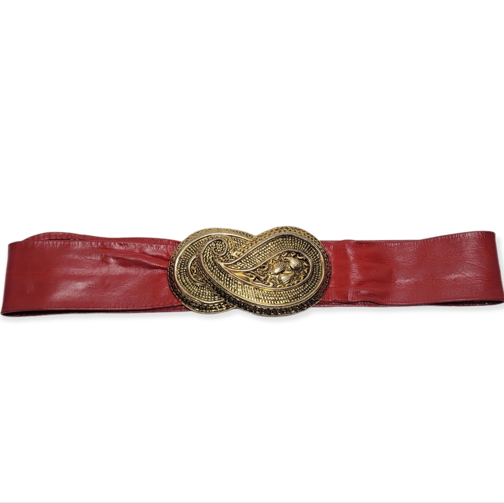 Leather Shop Vintage 80s Red Cinch Belt with Gold Metal Paisley Clasp, EUC, sz M